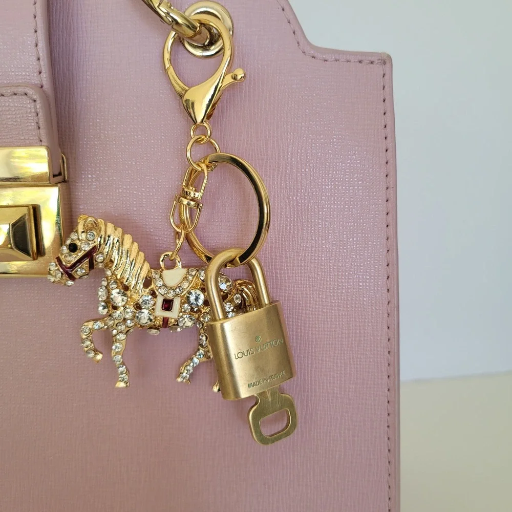 Louis Vuitton Padlock 303 & Rhinestone Horse Bag Charm Keychain Gold Tone